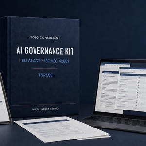 Op de afbeelding: Een donkerblauwe map met de titel SOLO CONSULTANT AI GOVERNANCE KIT EU AI ACT ISO/IEC 42001 TÜRKÇE DUYGU ŞENER STUDIO, vergezeld door een tablet en een laptop met digitale documenten, en een enkel geprint document.