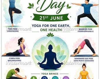 Print voor Internationale Yogadag, afdrukbare yoga-muurdecoratie, A4-formaat (21 x 29,7 cm), digitale download (PNG).