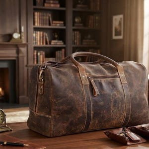 May include: A dark brown leather duffel bag featuring a rectangular shape, two top handles, a front zippered pocket with a leather pull tab, and metallic hardware accents. The bag has visible stitching along the seams and a distressed texture.
