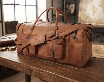 Large Leather Duffle Bag, Men's Weekender Travel Holdall, Overnight Carry On