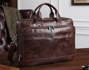Full Grain Leather Briefcase, Vintage Laptop Messenger Bag, Business Professional Carryall
