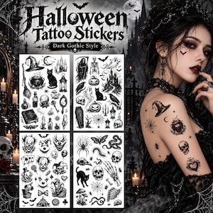 Puede incluir: Cuatro hojas de pegatinas de tatuajes temporales en blanco y negro con imágenes de Halloween y góticas, incluyendo calaveras, arañas, gatos, calabazas, payasos y símbolos ocultos, con el texto Halloween Tattoo Stickers Dark Gothic Style.