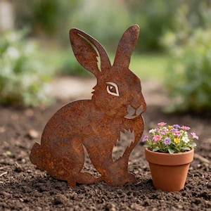 Rusty Metal Rabbit Sculpture – 2D Corten-Effect Garden Decoration, Vintage Iron Rabbit Outdoor Garden Stake, 30 cm