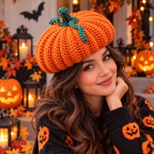 May include: A bright orange crocheted beret shaped like a pumpkin, featuring a textured ribbed design and a small green crocheted stem on top. The hat is crafted with thick yarn and has a rounded, soft silhouette that sits comfortably on the head.