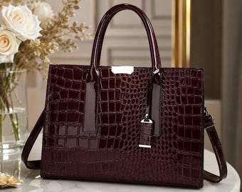 Bolso de mano de cocodrilo, bolso de piel marrón oscuro, bolso de hombro elegante, regalo de lujo para mujer, elegante estampado de cocodrilo