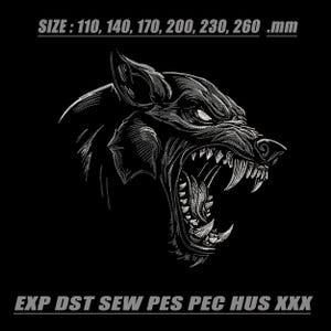 May include: A white embroidered graphic of a snarling wolf head on a black background. The text reads SIZE : 110, 140, 170, 200, 230, 260 .mm and EXP DST SEW PES PEC HUS XXX. The wolf is shown in profile with bared teeth and detailed fur lines.