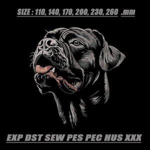May include: An embroidery design featuring a detailed black and grey dog head with a pink tongue hanging out. The text at the top reads SIZE: 110, 140, 170, 200, 230, 260 .mm and the bottom text reads EXP DST SEW PES PEC HUS XXX on a black background.