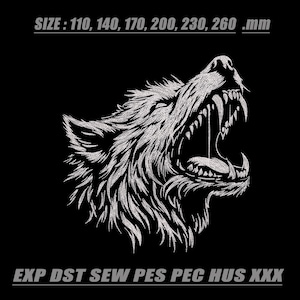 May include: A silver-colored embroidery design of a snarling wolf head on a black background. The text reads SIZE : 110, 140, 170, 200, 230, 260 .mm and EXP DST SEW PES PEC HUS XXX. The wolf is shown in profile with its mouth open, revealing teeth.