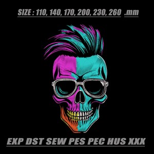 Neon Punk Rock Skull Machine Embroidery Design, Colorful Mohawk Skeleton Embroidery File, Streetwear Design for Hoodies, Instant Download