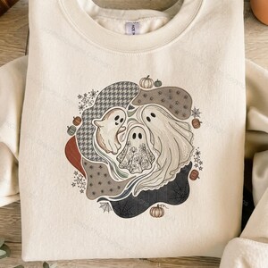Boho Ghost Trio Halloween PNG Sublimation Design, Spooky Season Patchwork Ghosts Autumn Fall Graphic, Cute Ghost Shirt DTG Print File