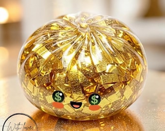 Squishy a forma di raviolo portafortuna dorato: giocattolo antistress kawaii, accessorio da scrivania.