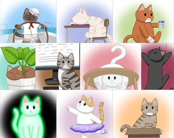 Cat Drawings 5x5 art prints- Catober 2022 Prompts Days 11-20