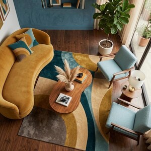 Tufted Modern Geometric Wool Area Rug, Mid Century Abstract Floor Carpet, Large Boho Tufted Rug for Living Room, Bedroom | 4x6, 5x8, 6x9 Ft