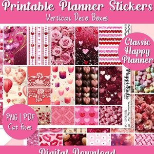 Printable Planner Stickers - Valentines Day Pink Vertical Weekly Kit, Full Box Deco Sheet for Classic Happy Planner, Valentine Sticker, 001