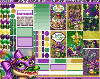 Printable Planner Stickers - Mardi Gras Alligator Vertical Weekly Kit, Cute Crocodile Sheet for Classic Happy Planner, New Orleans, Chp 014