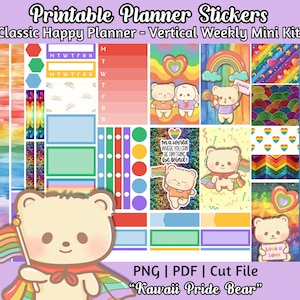 Planificateur autocollants imprimables - kit hebdomadaire vertical ours du mois de la fierté, feuille kawaii arc-en-ciel pour agenda classique classique, LGBTQ, chp 030