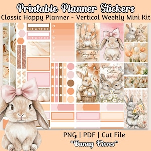 Pegatinas imprimibles para planificador - Kit semanal vertical de conejito de Pascua, acuarela floral primaveral para planificador clásico, flores de conejo, cap. 023