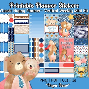 Adesivos para Planejador Imprimíveis - Kit Semanal Vertical Urso Dia dos Pais, Folha de Férias de Verão em Aquarela para Planejador Clássico Feliz, Pai, Cap. 029