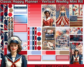 Printable Planner Stickers - Independence Day America Vertical Weekly Kit, 4th of July Sheet for Classic Happy Planner, Patriotic, Chp 032