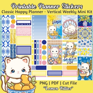 Printable Planner Stickers - Lemon Cats Vertical Weekly Kit, Citrus Fruit Sheet for Classic Happy Planner, Summer Beach Kitties, Chp 034