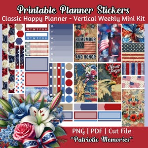 Pegatinas imprimibles para planificador - Kit semanal vertical "Patriótico americano", hoja de estrellas y rayas para planificador clásico "Happy", conmemorativo, capítulo 028