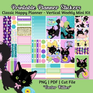Planificateur autocollants imprimables - Kit hebdomadaire vertical chats de Pâques, motifs printemps kitty pour Happy Planner classique, joli chat noir, Chp 022