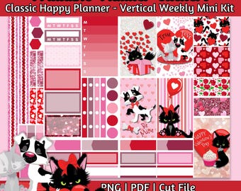 Printable Planner Stickers - Valentines Day Cat Vertical Weekly Kit, Cute Black Kitty Sheet for Classic Happy Planner, 002