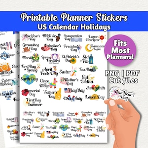 May include: A digital sheet of printable planner stickers featuring US calendar holidays. The stickers include text labels and colorful icons for events like New Year's Day, Valentine's Day, St. Patrick's Day, Easter, and Independence Day.