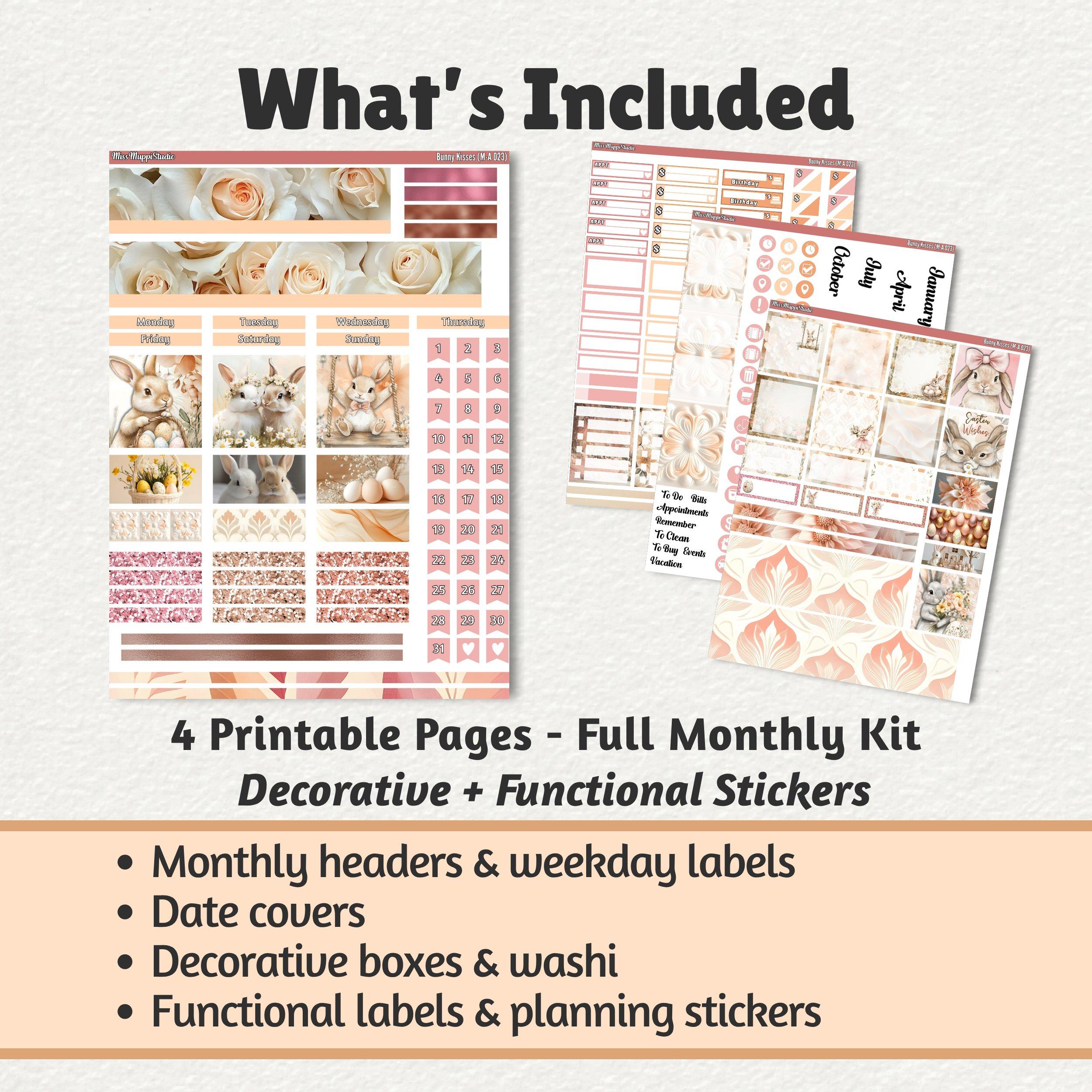 Spring Bunny Planner Stickers Printable Monthly Kit Classic Happy ...