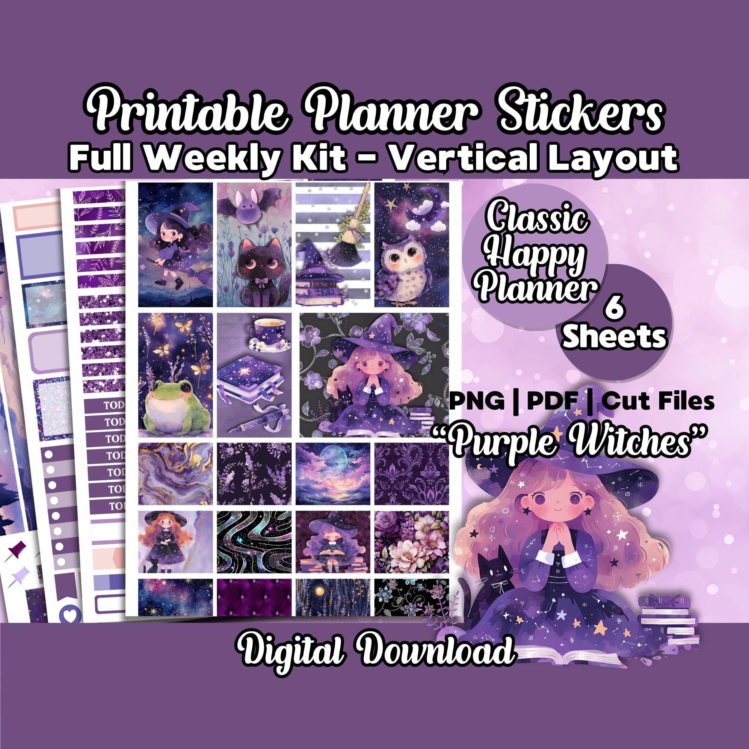 Printable Planner Stickers - Purple Witches Full Vertical Weekly Kit, Cute Magic Witch Sheet for Classic Happy Planner, Pagan, Wiccan B 018