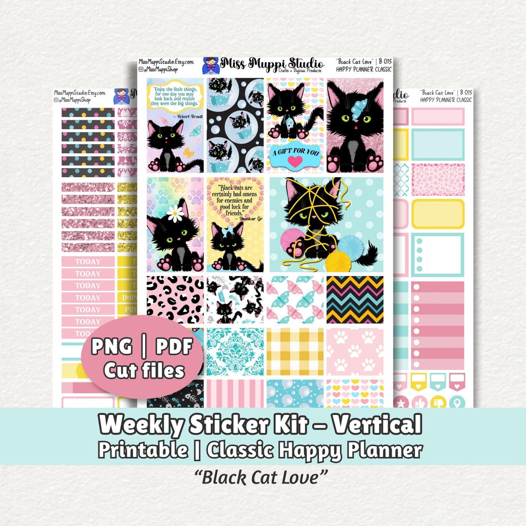 Printable Stickers for Classic Happy Planner - Black Cats Full Weekly ...