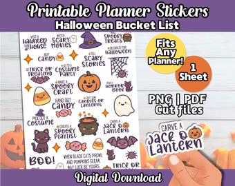 Kawaii Halloween Bucket List Stickers - Printable Deco Sheet for Planners - Digital Product