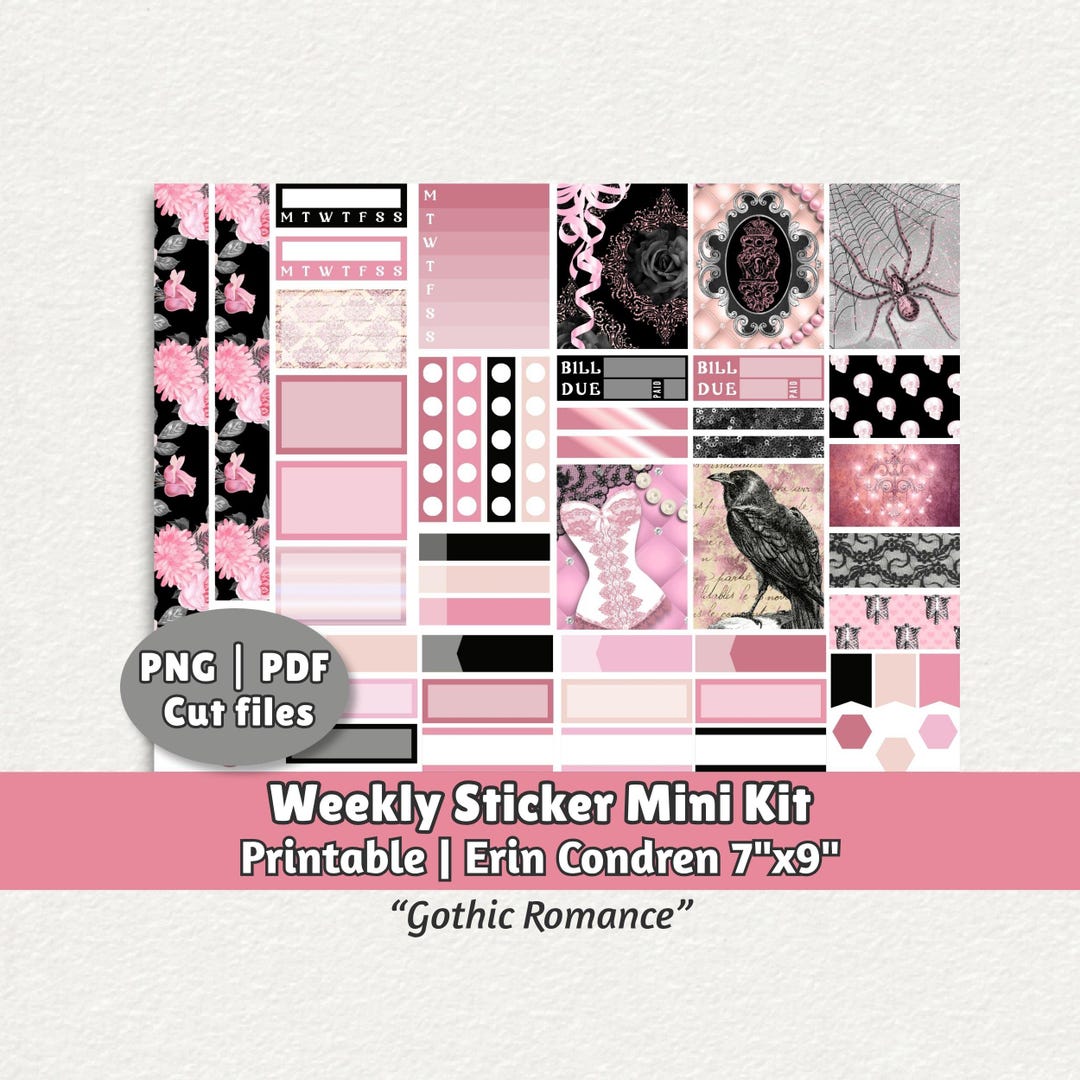 Printable Planner Stickers for Erin Condren 7x9 – Pink Gothic Valentine ...