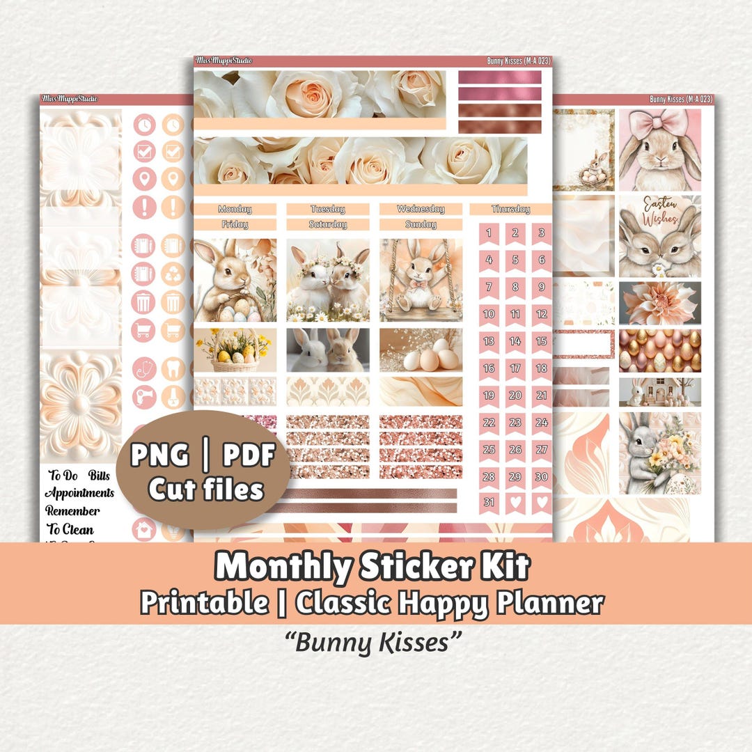 Spring Bunny Planner Stickers Printable Monthly Kit Classic Happy ...