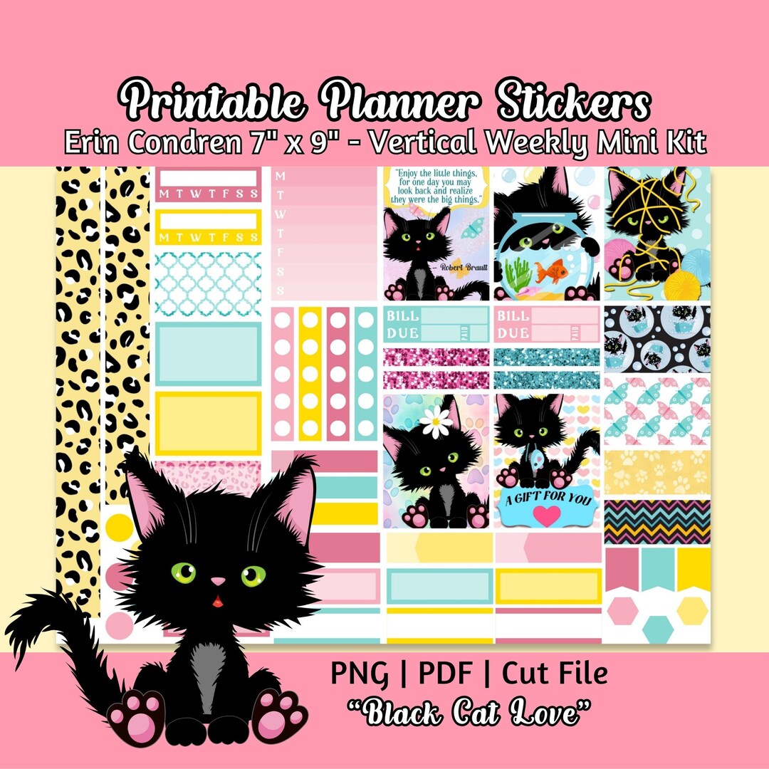 Black Cats Planner Stickers – Printable Classic Happy Planner Vertical ...
