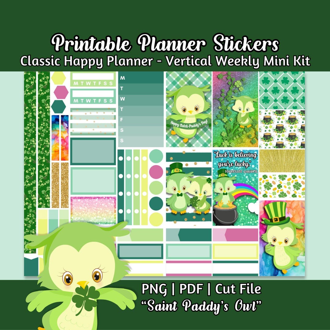 Printable Planner Stickers - St Patricks Day Owl Vertical Weekly Kit ...