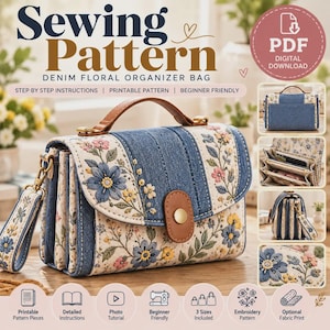 May include: A digital sewing pattern for a denim floral organizer bag. The bag features a blue denim and cream floral fabric exterior with a brown leather-like handle and closure. Includes step-by-step instructions and printable pattern pieces.