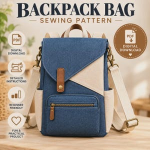 May include: A sewing pattern for a backpack bag featuring a blue denim and cream canvas exterior. The bag has a top flap with a brown faux leather tab, a front zippered pocket, side pockets, and adjustable cream-coloured webbing shoulder straps.