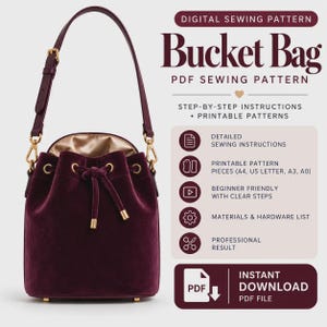 Velvet Bucket Bag Sewing Pattern PDF, Drawstring Bucket Purse Pattern with Lining & Adjustable Strap, A4 Letter A3 A0 + SVG DXF