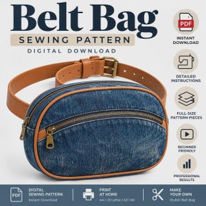 May include: A digital sewing pattern for a belt bag, featuring text that reads Belt Bag Sewing Pattern Digital Download. The image displays a blue denim belt bag with a brown leather-like strap, brass-colored zippers, and brown trim.