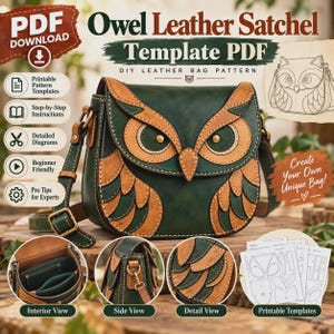 Può includere: Un download PDF digitale per un cartamodello di borsa in pelle a forma di gufo. L'immagine principale mostra una borsa in pelle verde e marrone chiaro con tratti da gufo. Piccoli inserti circolari mostrano l'interno, il lato e i dettagli.