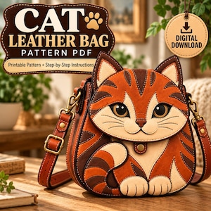 May include: A cat-shaped leather bag with orange and brown tabby stripes, featuring a flap closure with a cat face design, a brass-toned buckle, and an adjustable shoulder strap. The image includes text reading CAT LEATHER BAG PATTERN PDF.