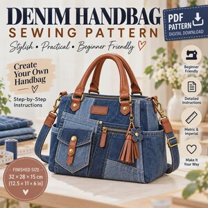 Denim Satchel Sewing Pattern, Upcycled Jeans Handbag (PDF Download)