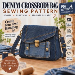 Pode incluir: Um molde de costura digital para bolsa transversal de brim, apresentando uma bolsa azul-escura com aba frontal, fecho de metal e um bolso dianteiro. O texto diz Denim Crossbody Bag Sewing Pattern, Create Your Own Handbag e Finished Size 24 x 18 x 7 cm.
