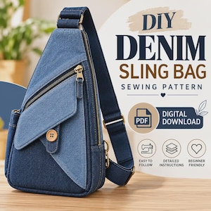 DIY Denim Sling Bag Sewing Pattern, Structured Crossbody Bag PDF with Flap, Front Zipper Pocket & Adjustable Strap, Digital Download