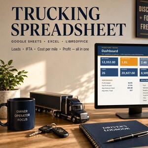 May include: A computer monitor displaying a trucking dashboard spreadsheet with financial data, next to a dark blue mug labeled OWNER OPERATOR FOCUS, a toy semi-truck, a black Driver's Logbook, a pen, and a Fuel Planner book on a wooden desk.