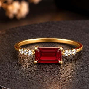 Anillo de compromiso vintage con rubí rojo talla baguette en oro de 14 quilates, diamantes únicos, joyería nupcial para mujer, anillo de piedra natal, regalo de aniversario