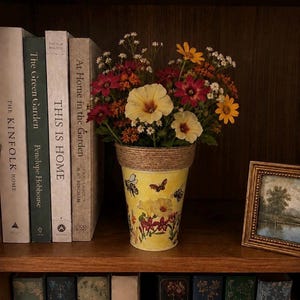 May include: A yellow tapered vase featuring illustrations of bees, butterflies, and flowers, with a natural jute twine wrapped around the top rim. The vase is filled with a vibrant bouquet of red, orange, yellow, and white wildflowers.