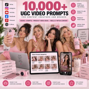 May include: A digital marketing resource titled 10,000+ UGC Video Prompts for Content Creators and Brands. The image features a tablet displaying video prompt categories, a smartphone, a laptop, and pink-themed office supplies and branding.