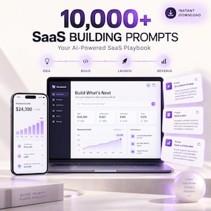 Op de afbeelding: Een digitale productweergave met 10.000+ SaaS BUILDING PROMPTS, Your AI-Powered SaaS Playbook. De afbeelding toont een laptop en smartphone met een SaaS-dashboard, drie promptkaarten en een gloeiende bol met de tekst: IDEAS SOFTWARE PEOPLE REVENUE.